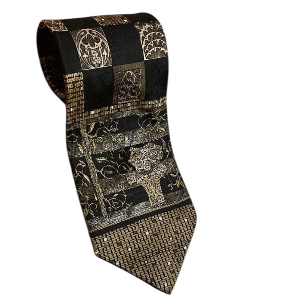 Consenso Uomo Milano 100% Silk Tie – Gold & Black Patterned – 58” x 4” (3/$25)
